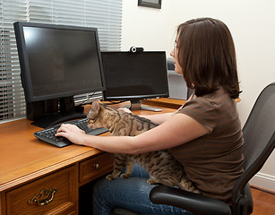 Image showing Woman and cats at computer desk