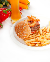 Image showing classic hamburger sandwich and fries