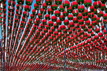 Image showing Red lanterns in buddhist temple for Buddha birthday celebration