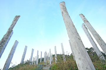 Image showing Wisdom Path of Heart Sutra - Chinese prayer on trunks under blue