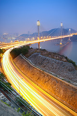 Image showing Hong Kong Bridge of transportation at night 