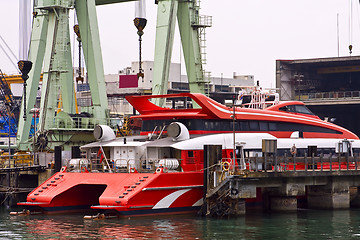 Image showing Catamaran ferry in maintain harbor