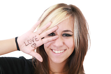 Image showing Happy teenager girl, white background isolated 