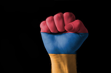 Image showing Fist painted in colors of armenia flag