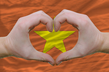 Image showing Heart and love gesture showed by hands over flag of vietnam back