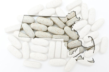 Image showing Outline map of Massachusetts with transparent pills in the backg