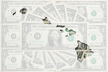 Image showing Outline map of Hawai with transparent american dollar banknotes 