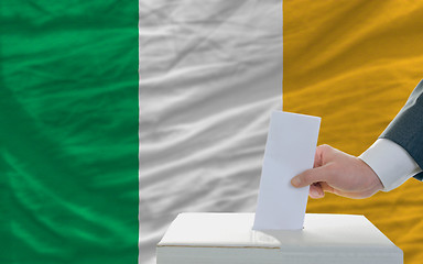 Image showing man voting on elections in ireland in front of flag