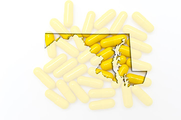 Image showing Outline map of maryland with transparent pills in the background