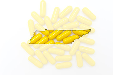 Image showing Outline map of south tennessee with transparent pills in the bac