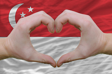 Image showing Heart and love gesture showed by hands over flag of singapore ba