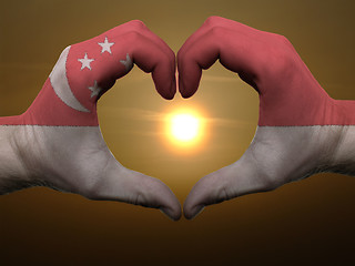Image showing Heart and love gesture by hands colored in singapore flag during