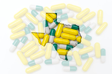 Image showing Outline map of texas with transparent pills in the background