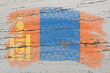 Image showing flag of mongolia on grunge wooden texture painted with chalk  