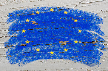 Image showing flag of EU on grunge wooden texture painted with chalk  