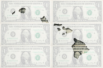 Image showing Outline map of Hawai with transparent american dollar banknotes 