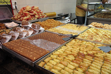 Image showing Tasty arab sweets in Jerusalem market, Israel