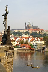 Image showing Charles bridge and statues, jesus on the cross