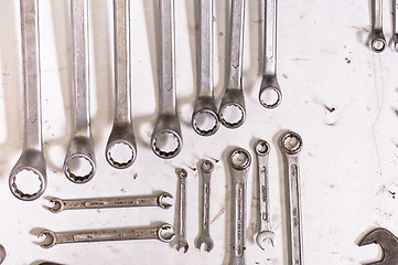 Image showing Industrial spanners on white board hanging