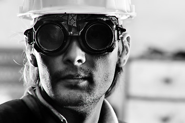 Image showing Black and white photo of a man in helmet and goggles