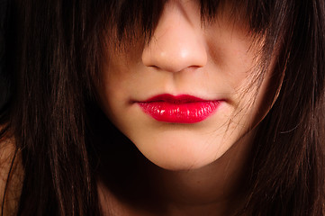 Image showing Lips of an attractive girl with her hair hiding her eyes