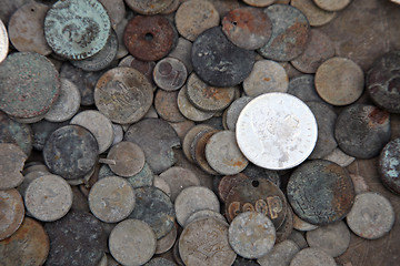 Image showing Collection of old coins from different countries, El-Jem market, Tunisia