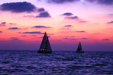 Image showing sunset on a yacht