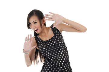 Image showing pretty asian with hands up