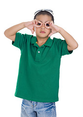 Image showing boy making glasses symbol