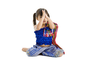 Image showing cute kid with hand folded, isolated on white background