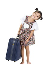 Image showing happy Asian girl with heavy luggage