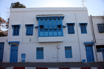 Image showing Sidi Bou Said - typical building with white walls, blue doors and windows