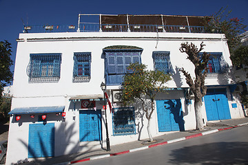 Image showing Sidi Bou Said - typical building with white walls, blue doors and windows