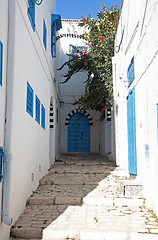 Image showing Sidi Bou Said - typical building with white walls, blue doors and windows