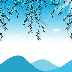 Image showing Branch of willow, mountains and sky