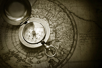 Image showing old compass on vintage map