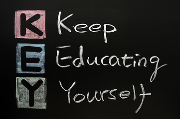 Image showing KEY acronym -Keep educating yourself on a blackboard with words written in chalk. 