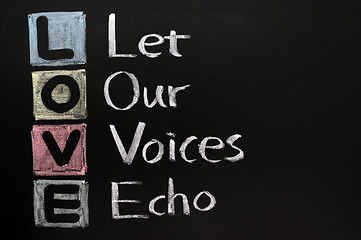 Image showing LOVE acronym, Let our voices echo written in chalk