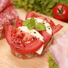 Image showing Fingerfood with mozzarella cheese and tomatoes