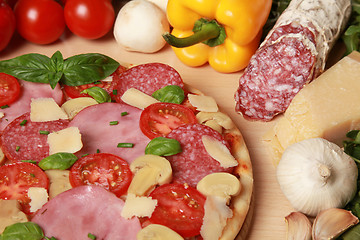 Image showing Pizza with ham and salami