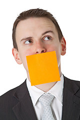 Image showing Businessman with a blank  adhesive note over his mouth