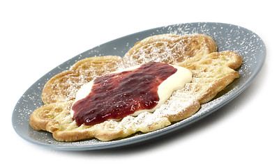 Image showing Waffles with sourcream, jam and sugar