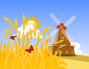 Image showing Wheat field and mill