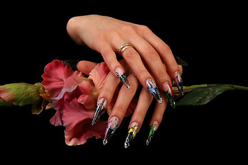 Image showing Human fingers with long fingernail and beautiful manicure isolated on black