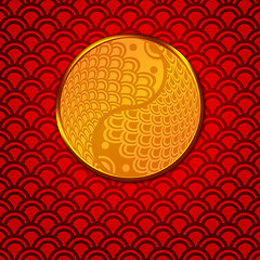 Image showing Chinese Pair of Fish in Yin Yang Circle on Red Background
