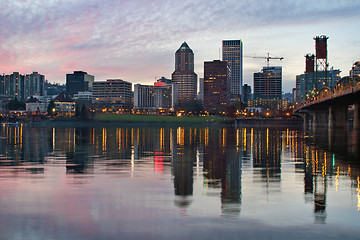 Image showing Portland Oregon Downtown Waterfront Skyline at Sunset