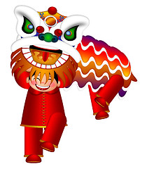 Image showing Chinese Lion Dance by Chinese Boys Illustration