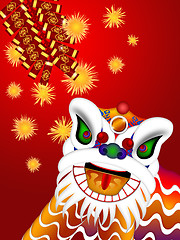 Image showing Chinese Lion Dance Head with Firecrackers Illustration