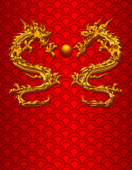 Image showing Pair of Chinese Dragons on Scale Pattern Background