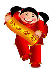 Image showing Chinese Girl Holding Scroll with Text Wishing Happiness and Fort